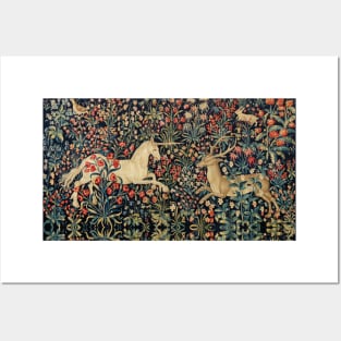 UNICORN AND DEER AMONG FLOWERS, FOREST ANIMALS FLEMISH FLORAL Posters and Art